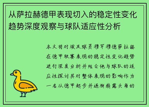 从萨拉赫德甲表现切入的稳定性变化趋势深度观察与球队适应性分析