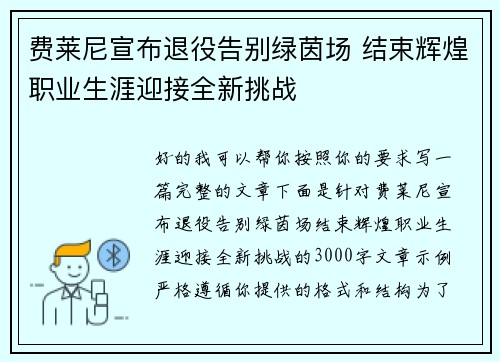 费莱尼宣布退役告别绿茵场 结束辉煌职业生涯迎接全新挑战